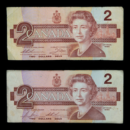 Canadian Two Dollar Bills 1986