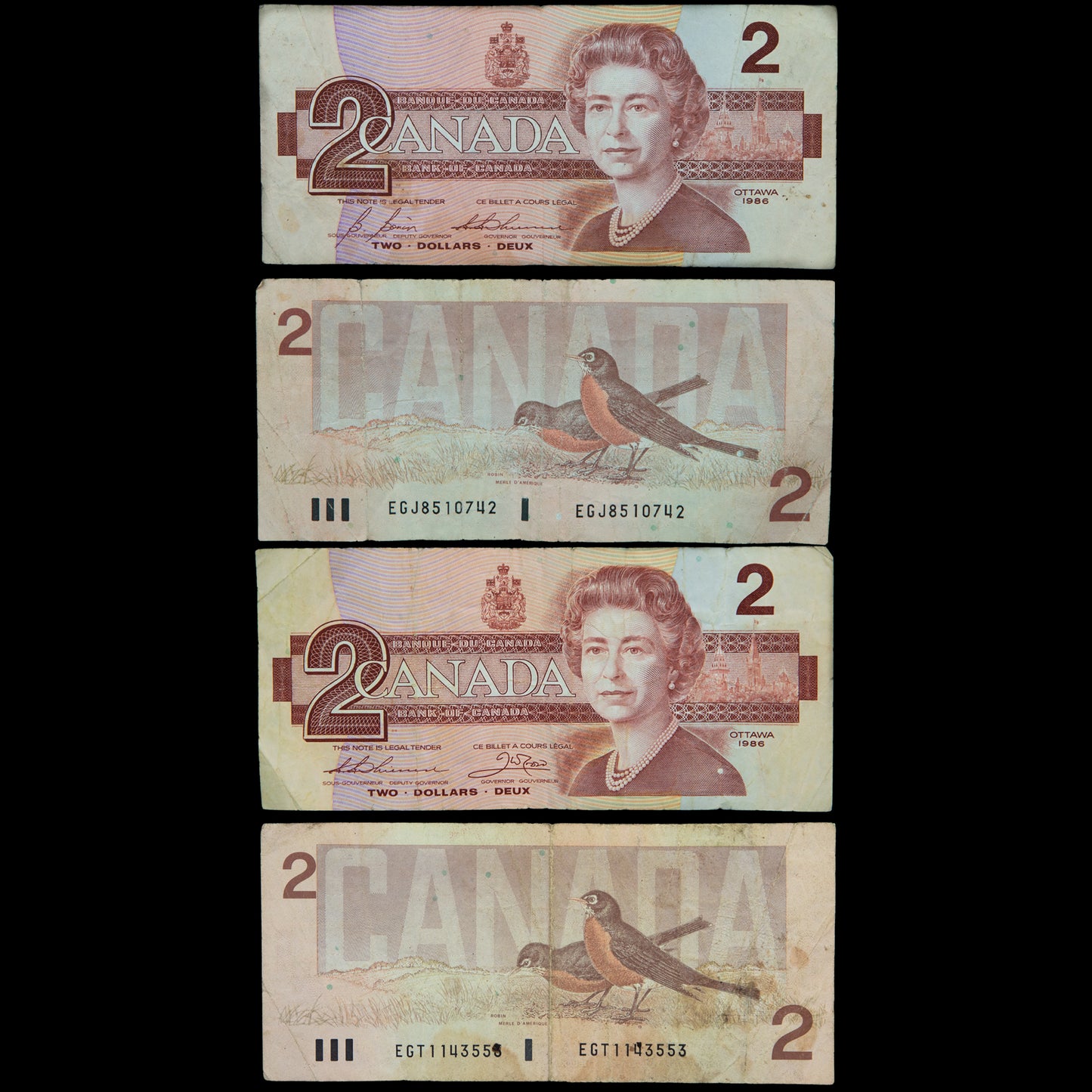 Canadian Two Dollar Bills 1986